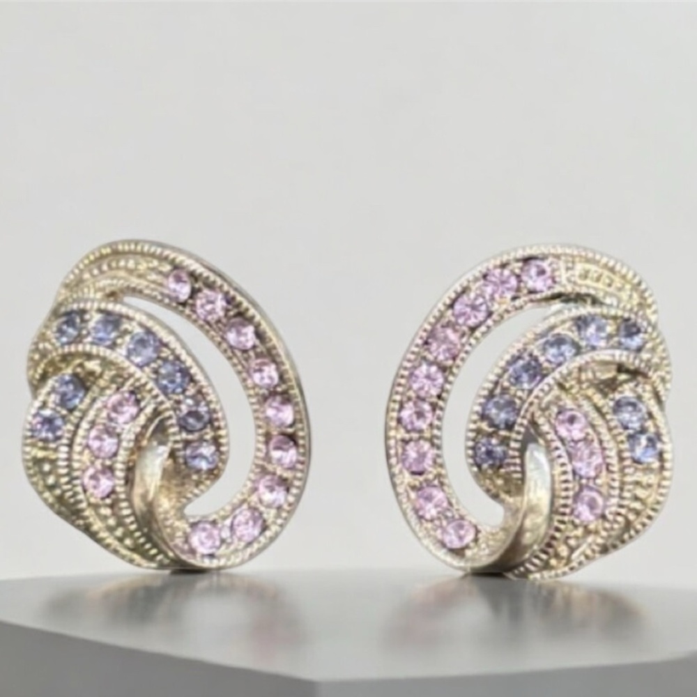 Vintage Earrings Sparkling Pink Purple Crystal Cubic Zirconia Formal Swirl Knot - Picture 14 of 16